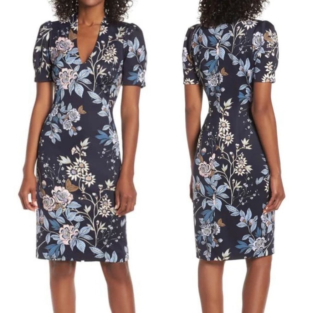 New Vince Camuto Floral Navy Scuba Crepe Sheath Dress Sz 8